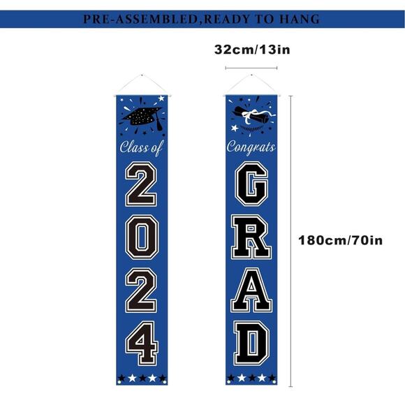 Blue Graduation 2024 Decorations ‘Class of 2024’ and ‘Congrats Grad’ Banners - Picture 2 of 5